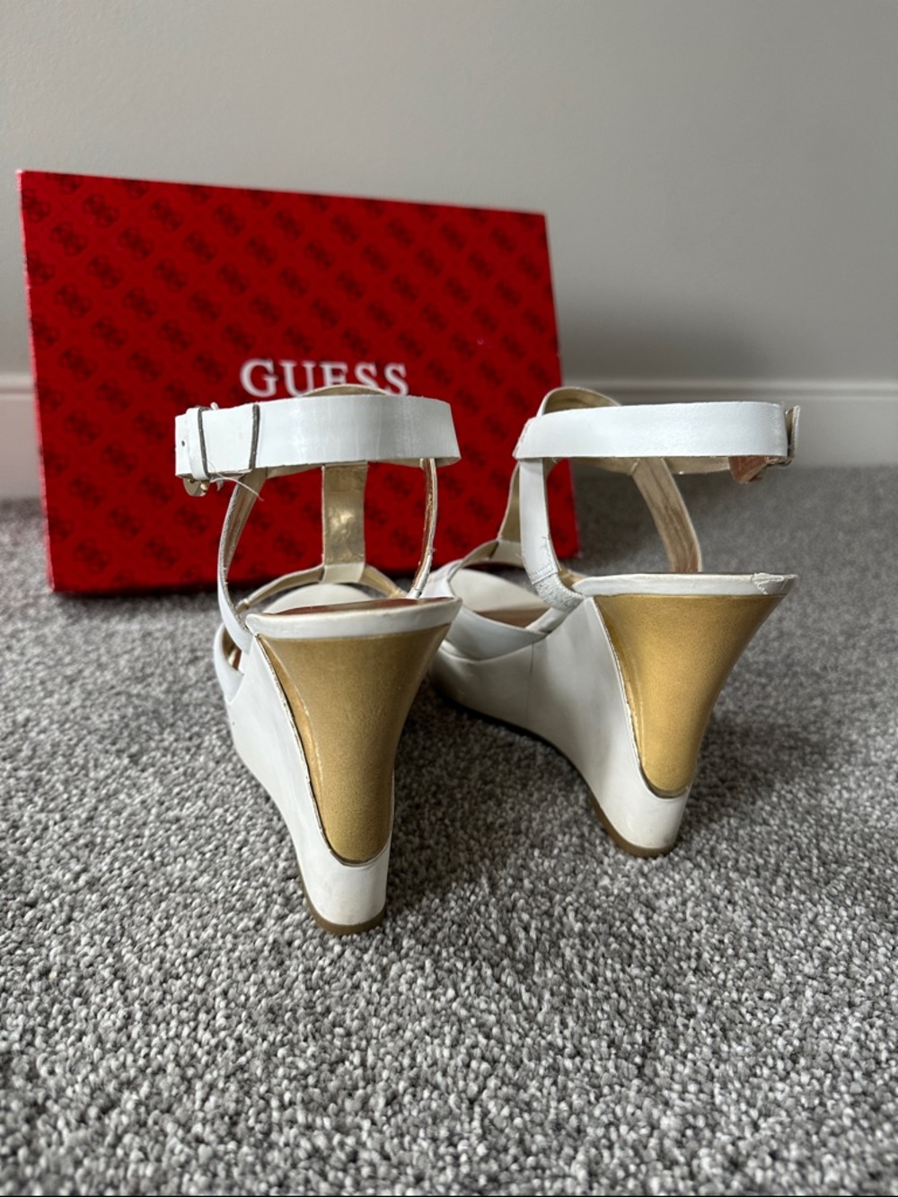 GUESS White Wedge Sandals with Gold Accent - Picture 3 of 5